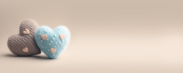 Due simpatici cuori romantici pastello blu e marrone cacao in feltro su sfondo beige con spazio per la copia