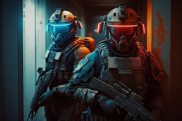 Due soldati in tenuta militare in piedi uno accanto all'altro IA generativa