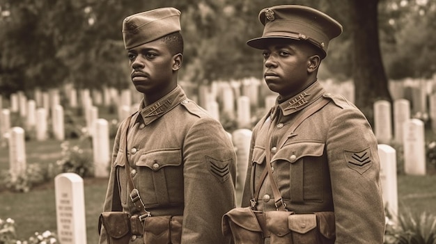 Due soldati in uniforme stanno davanti a un cimitero.