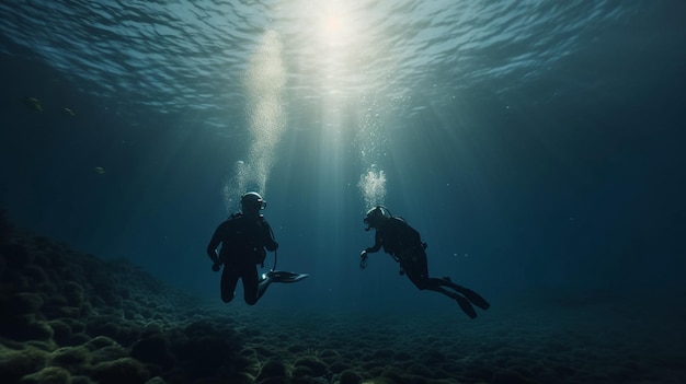 Due sommozzatori che nuotano sott'acqua Generative Ai