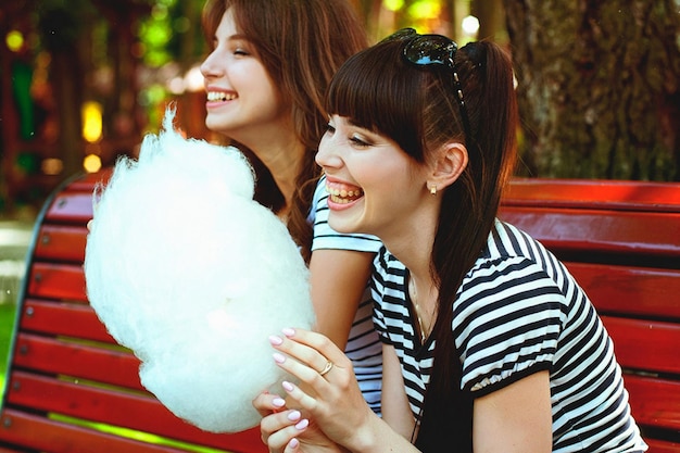 Due sorelle, amiche si divertono, ridono, mangiano zucchero filato, camminano in un parco divertimenti verde d'estate. Felice