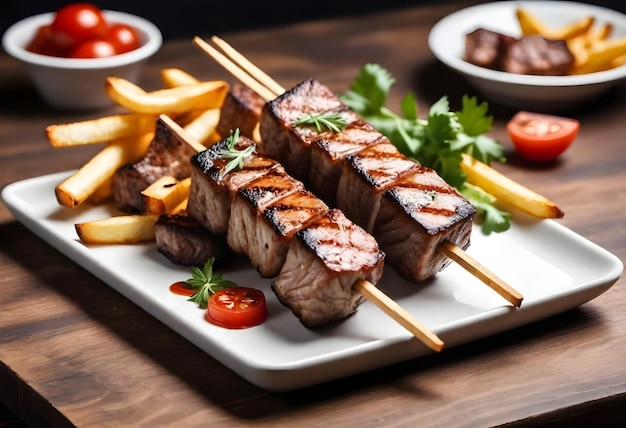 Due spicchi di cubetti di carne alla griglia guarniti con erbe con un lato di patatine fritte