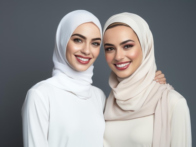 Due splendide donne arabe musulmane con un bel sorriso e denti bianchi, pubblicità per un sorriso perfetto