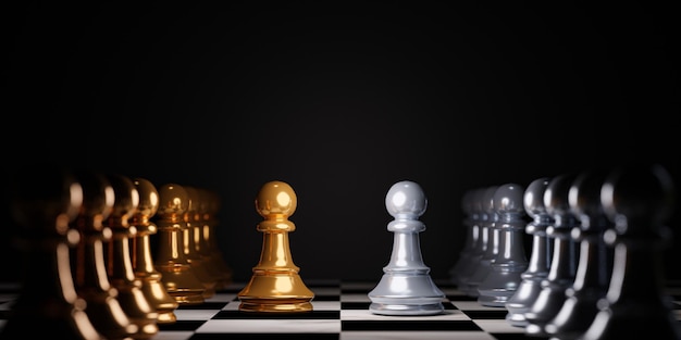 Due Stand di scacchi pedone d'oro e d'argento con la squadra Vincitore di alleanza commerciale e strategia di marketing concetto di piallatura di rendering 3d