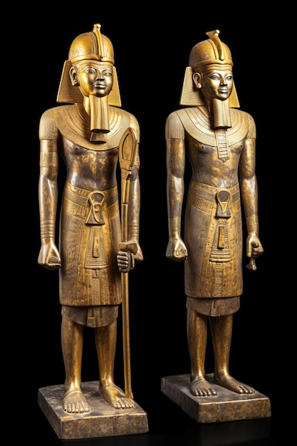 Due statue di divinità egizie, una delle quali è d'oro e l'altra è d'oro.