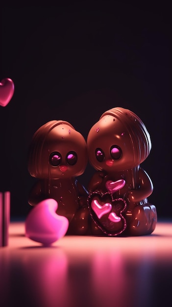 Due statuine di cioccolato con cuori rosa e la parola amore sopra