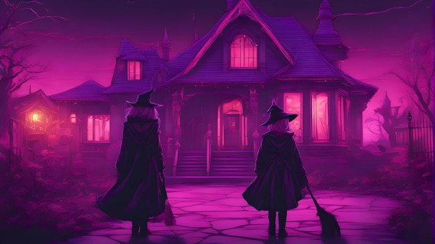 Due streghe davanti a una casa stregata di notte Illustrazione di Halloween