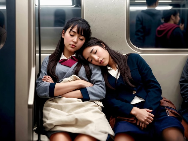 Due studentesse asiatiche che dormono nella carrozza della metropolitana.