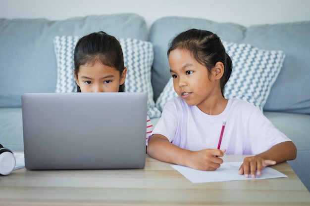 Due studentesse asiatiche studiano online con l'insegnante tramite videochiamata insieme. I fratelli stanno studiando a casa con il computer portatile durante la quarantena a causa della pandemia di Covid 19.