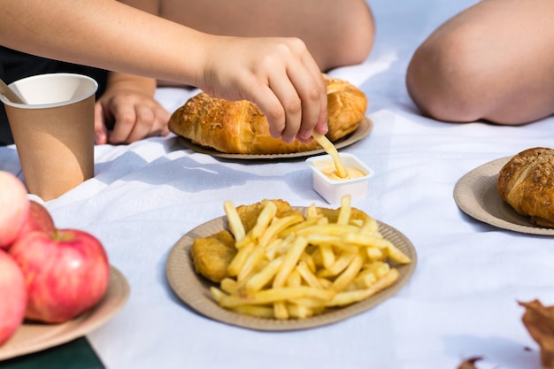 Due studentesse mangiano patatine fritte con salsa a un picnic nel parco.