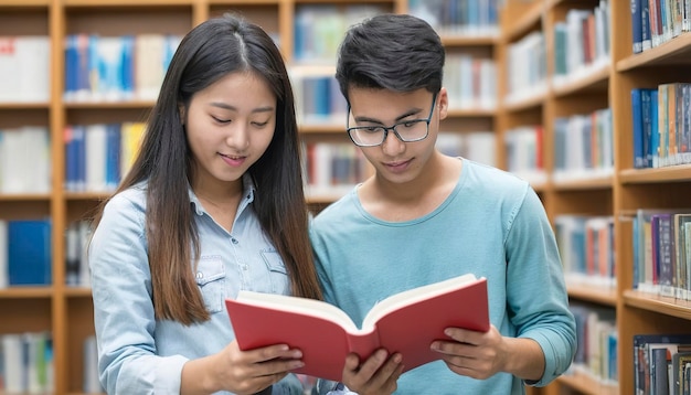 Due studenti che leggono insieme un libro di testo in biblioteca