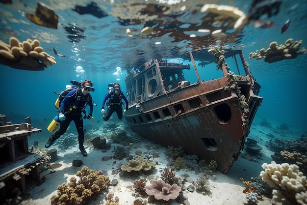 Due subacquei esplorano il relitto della nave Kudimaa affondata alle Maldive