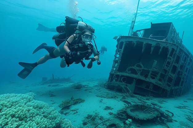 Due subacquei esplorano il relitto della nave Kudimaa affondata alle Maldive