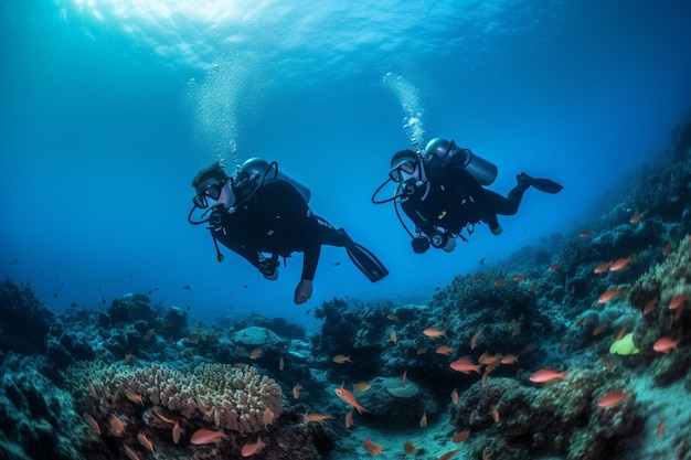 due subacquei guardando la fotocamera sott'acqua Bella barriera corallina con molti pesci sullo sfondo