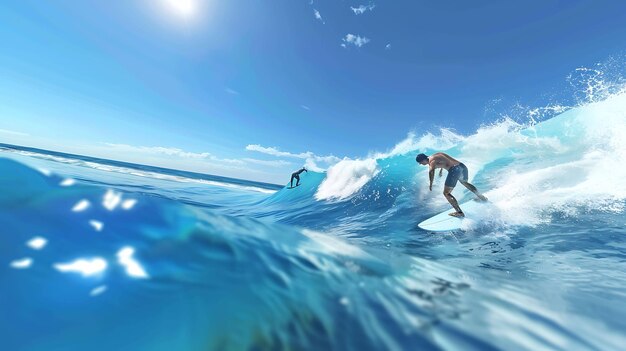 Due surfisti cavalcano le onde su tavole da surf il sole splende brillantemente sopra di loro l'acqua è cristallina i surfisti si stanno divertendo molto