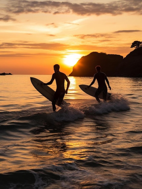 due surfisti che escono dall'oceano al tramonto