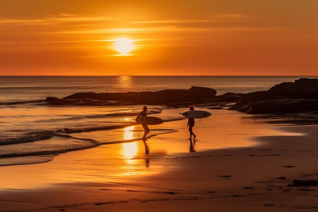 Due surfisti sulla spiaggia al tramonto con il sole che tramonta dietro di loro