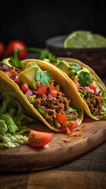 Due tacos su un tagliere con un pomodoro sul lato