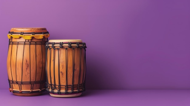 Due tamburi di djembe in legno su uno sfondo viola con ampio spazio per il testo sul lato destro