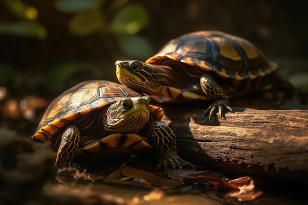 Due tartarughe su un tronco nella foresta