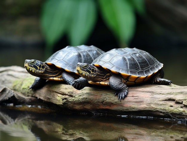 Due tartarughe su un tronco, una delle quali è adagiata su un tronco.