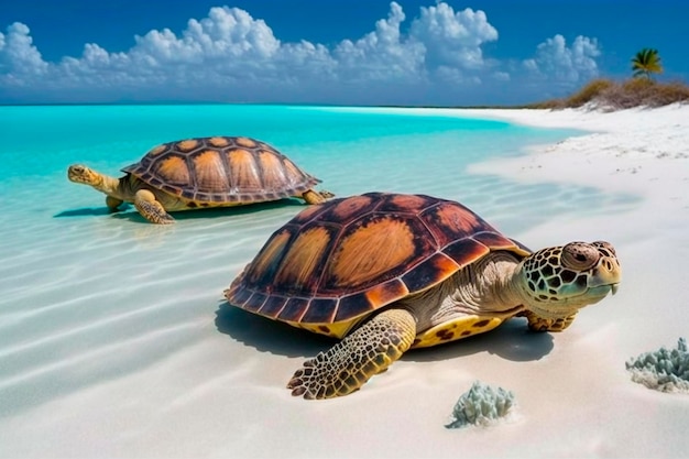 Due tartarughe su una spiaggia alle Bahamas