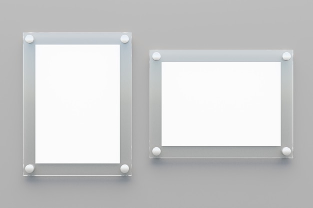 Due tavole acriliche trasparenti vuote con carta bianca su sfondo grigio. Illustrazione di rendering 3D