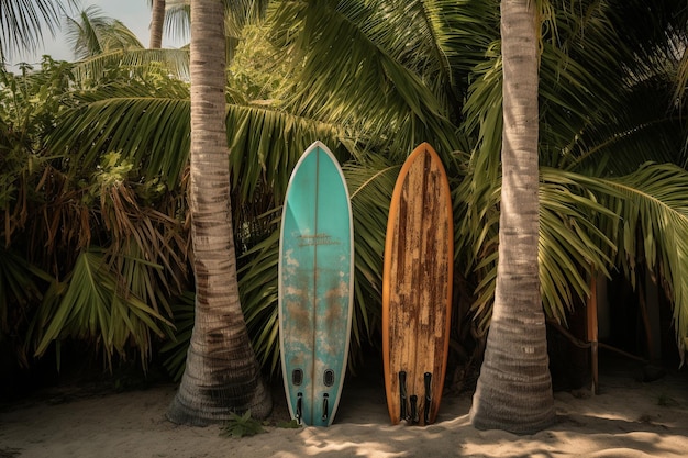 Due tavole da surf sono in piedi davanti a palme, una delle quali è blu e arancione.