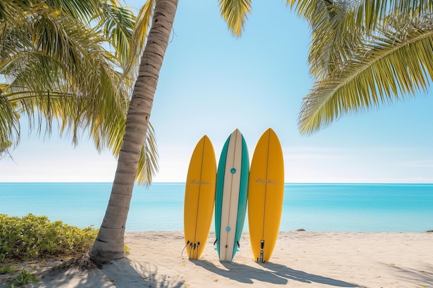 Due tavole da surf su una spiaggia con palme sullo sfondo