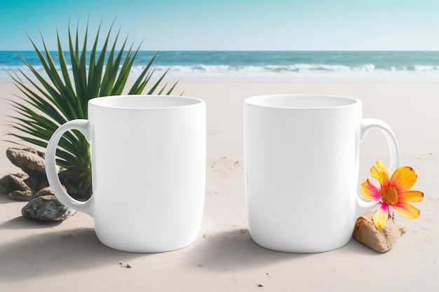 Due tazze da caffè bianche su una spiaggia con una pianta verde sullo sfondo.