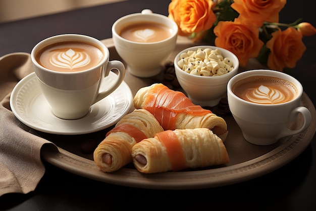 Due tazze di caffè con croissant sul tavolo in primo piano