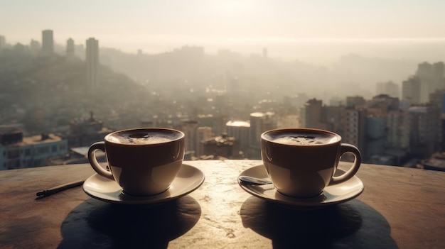 Due tazze di caffè con vista panoramica di una città Generativo ai