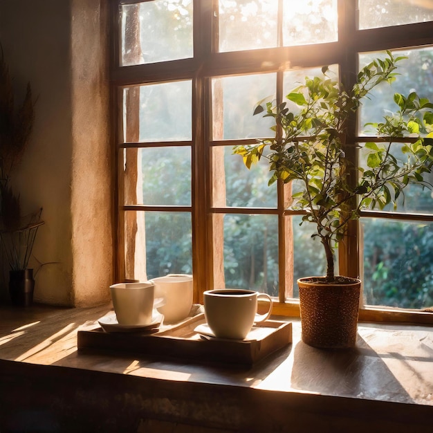 due tazze di caffè seduti su un tavolo davanti a una finestra