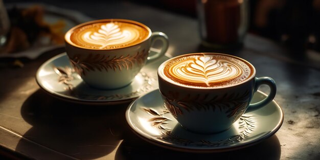 Due tazze di caffè sono adornate con l'arte del latte Generative Ai