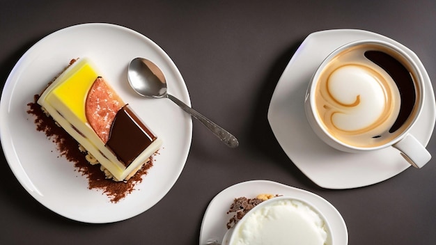 due tazze di caffè sono su un piatto d'argento su una superficie riflettente