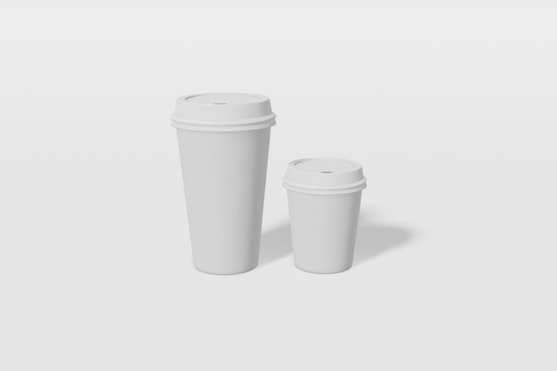 Due tazze di carta di diverse dimensioni con un coperchio su uno sfondo bianco rendering 3D