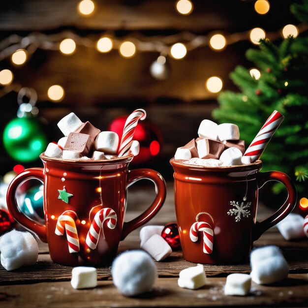 Due tazze di cioccolato caldo fatte in casa con marshmallow e canna da caramella su uno sfondo di legno rustico
