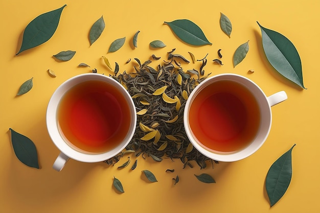 Due tazze e un sorriso di foglie di tè secche su uno sfondo giallo Giornata internazionale del tè 21 maggio vendita di tè