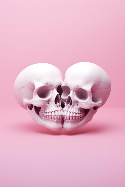 Due teschi a forma di cuore che si baciano su uno sfondo rosa pastello concetto di Halloween