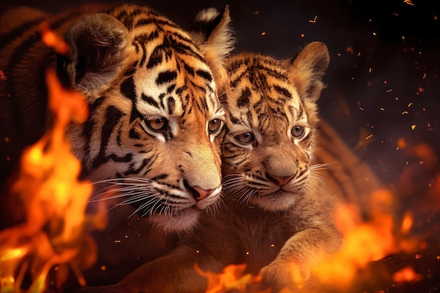 Due tigri camminano in fretta davanti a un fuoco furioso che simboleggia la loro fuga da un pericoloso incendio forestale
