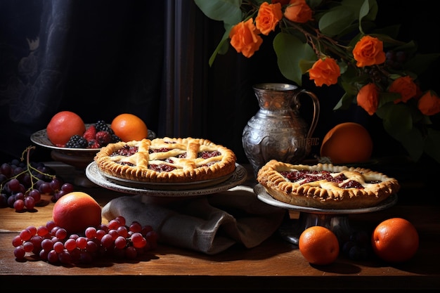 Due torte e una ciotola di frutta sul tavolo