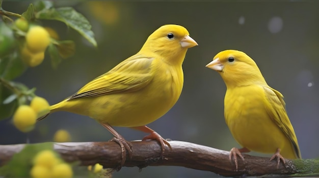 due uccelli gialli sono su un ramo con uno di loro ha un becco giallo