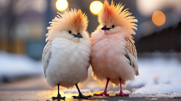 Due uccelli in piedi insieme nella neve IA generativa