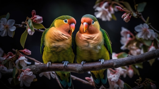 Due uccelli seduti su un ramo con fiori rosa sullo sfondo.