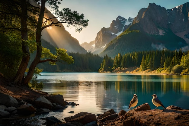 Due uccelli si siedono su una roccia davanti a un lago di montagna.