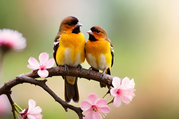Due uccelli sono seduti su un ramo con fiori rosa.