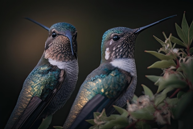 Due uccelli sono seduti su un ramo con foglie verdi e la parola colibrì sul fondo.