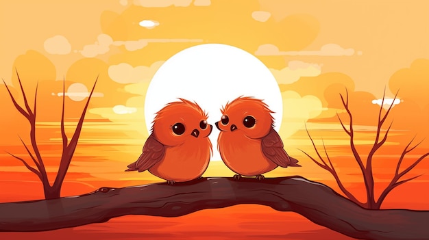 Due uccelli su un ramo all'atmosfera del tramonto