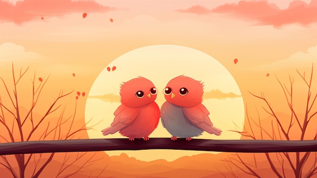 Due uccelli su un ramo nell'atmosfera del tramonto