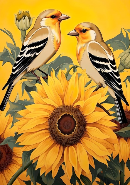 Due uccelli su uno sfondo di fiori di sole giallo